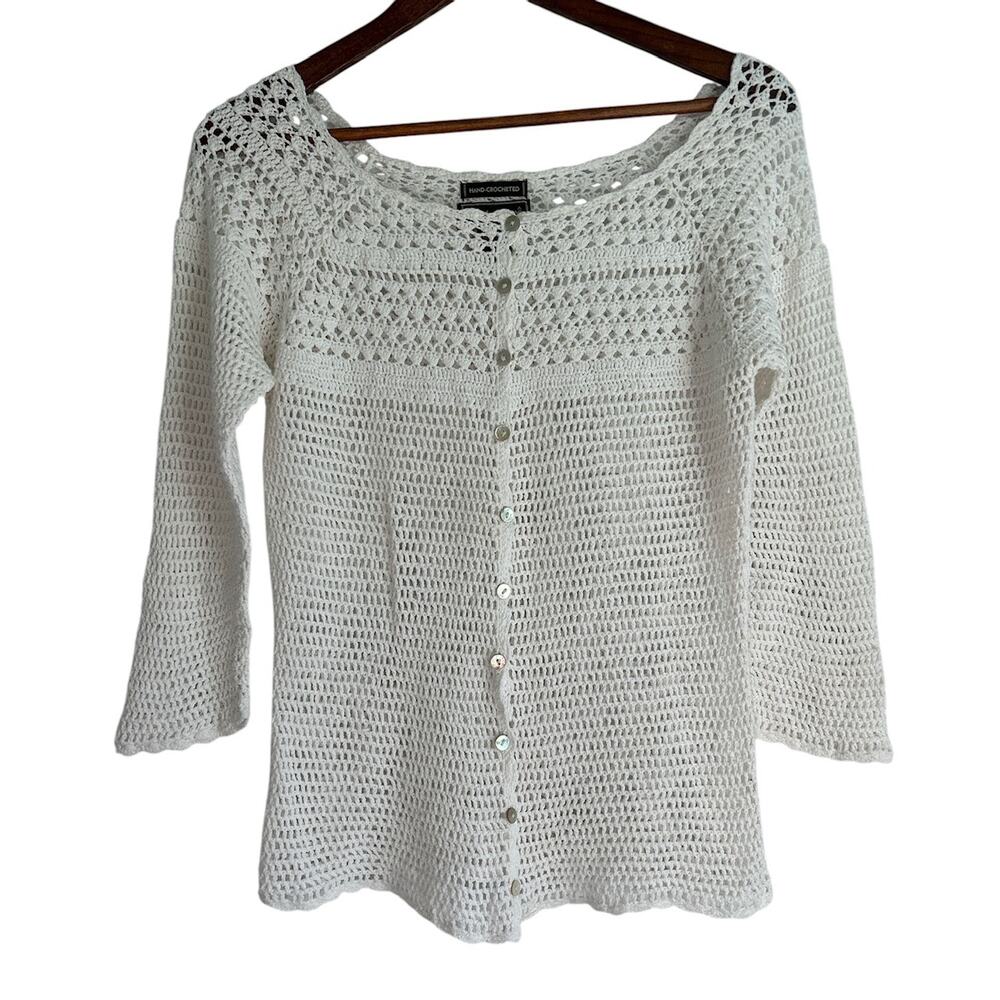 Vintage Eddie Bauer Size Large Linen Blend White Hand Crotchet‎ Cardigan Top